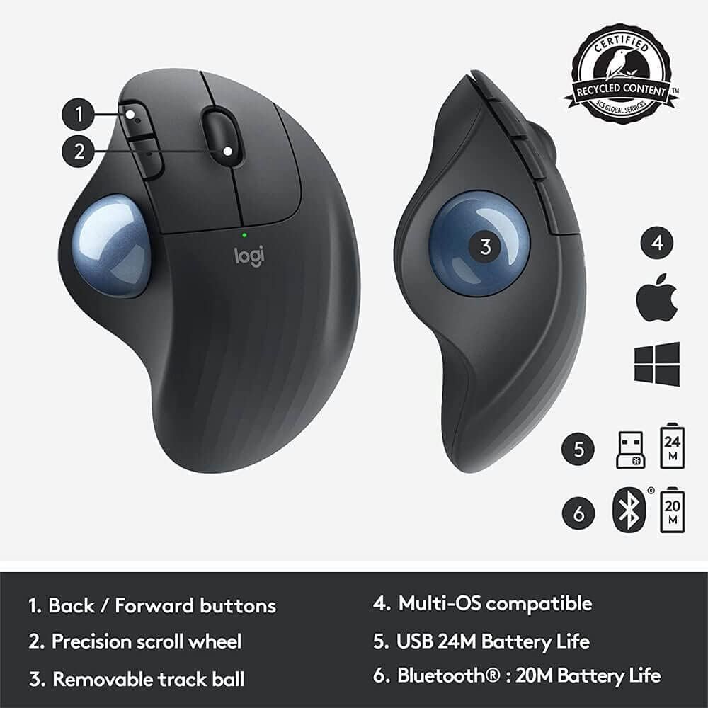 Logitech M575 Ergonomic Wireless Trackball USB Mouse, Black (910-005869) - Image 6