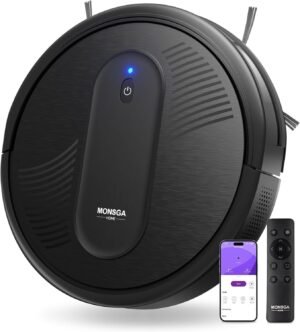 MONSGA Robot Vacuum Cleaner, 4000Pa Powerful Suction Robotic Vacuum, 3.2″ Super-Slim, 140Min Runtime, Vacuum Robot for Hard Floor/Low Pile Carpet/Pet Hair, Remote/App/Voice Control, Schedule Clean