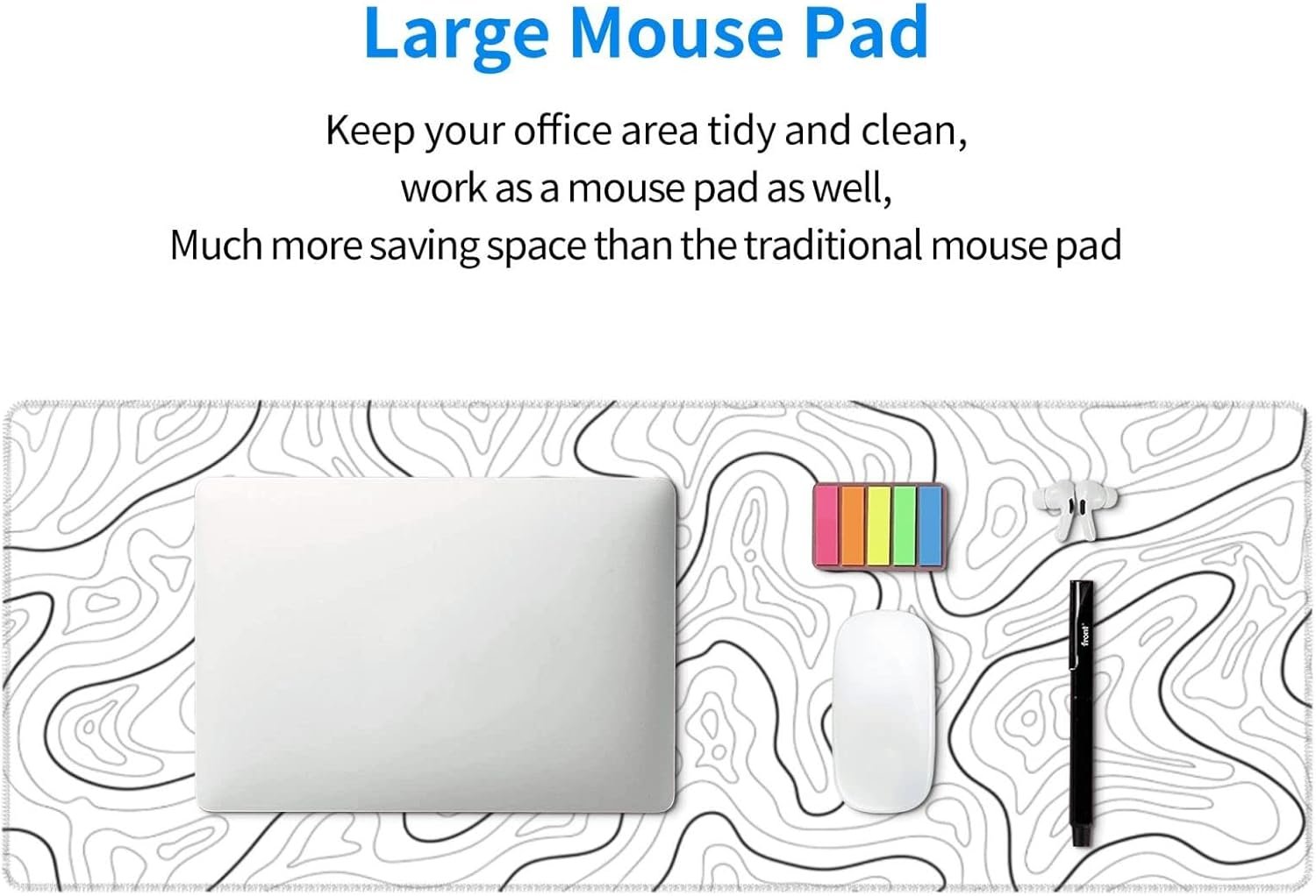 Abstract Topographic Map White Grey Black Gaming Mouse Pad Long Mouse Pad Large Desk Mat 31.5 X 11.8 Inch Mousepad with Non-Slip Base Stitched Edge Keyboard Mat for Gaming Office - Image 5