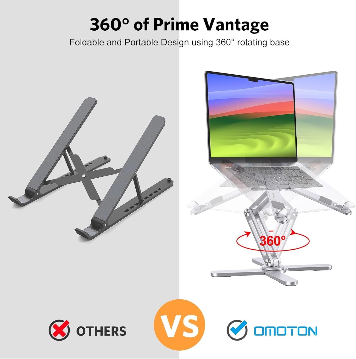 OMOTON 360° Rotating Laptop Stand Riser for Desk, Ergonomic Foldable Computer Stand Adjustable Height Angles for Collaborative Work, Easy Storage Fit Macbooks,All Laptops up to 16 inches, Silver - Image 2