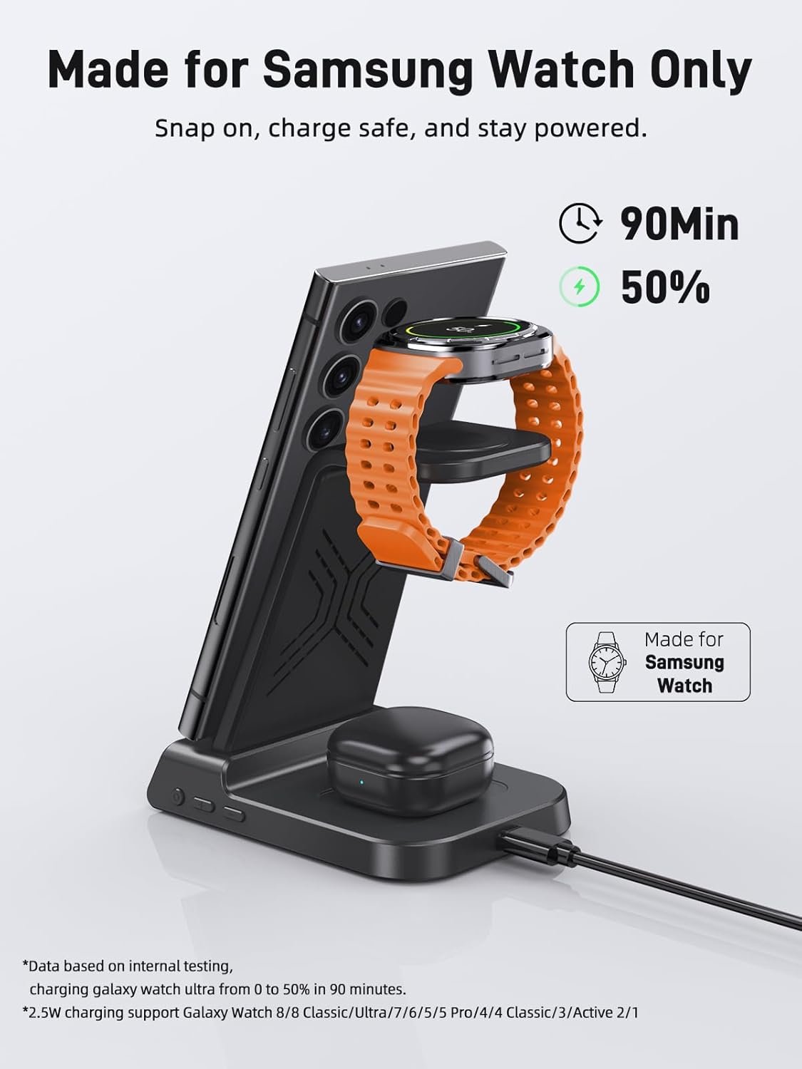 Wireless Charger for Samsung Charging Station, 3 in 1 Android Phone Charger for Samsung Galaxy S25 Ultra/S24 Ultra/S23/Flip7, Galaxy Watch 8/8 Classic/Ultra/7/6/5, Galaxy Buds 3 Pro/3 - Image 3