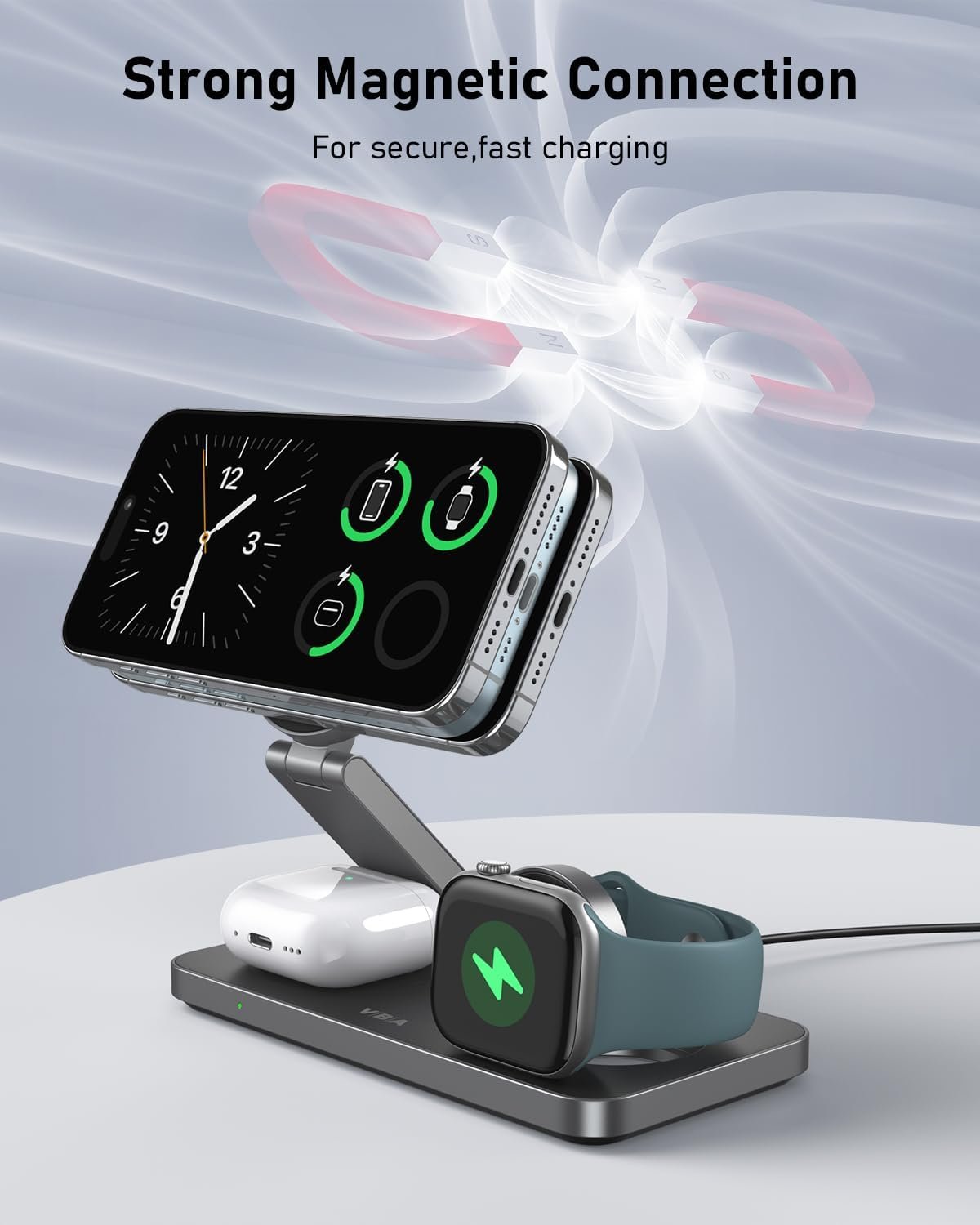 VBA 3 in 1 Wireless Charging Station for Apple MagSafe Charger,Foldable Fast Charging Magnetic Wireless Charger Stand,Travel Charger for iPhone 17 Air 16 15 14 13 12,Apple Watch,AirPods (Black) - Image 6