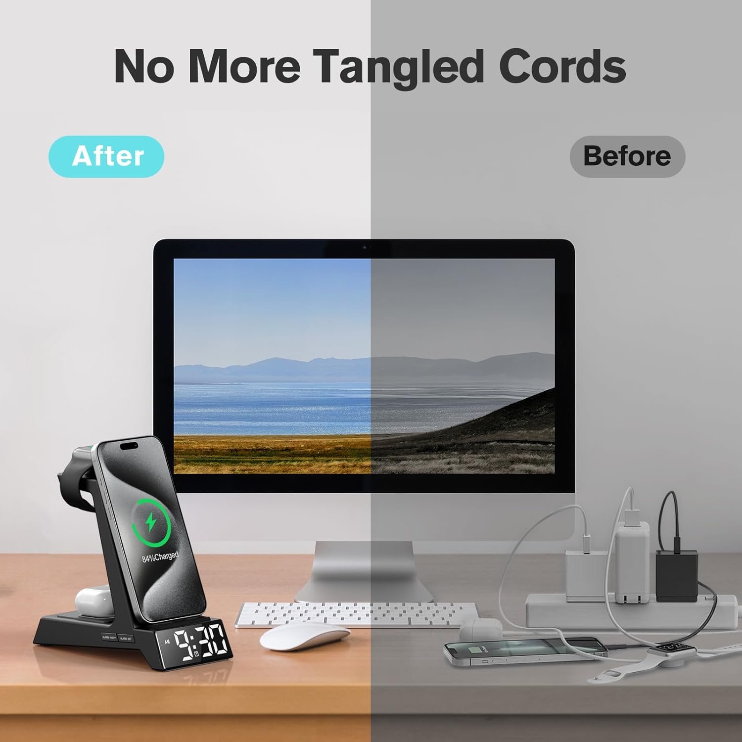 ANJANK 4 in 1 Wireless Charging Station Alarm Clock, Charging Dock for Apple Devices, Charger Stand for iPhone 17 Air 16 15 14 13 12 Series for Apple Watch 11 10 9 8 7 6 5 UItra/SE & AirPods, Dimmable - Image 7