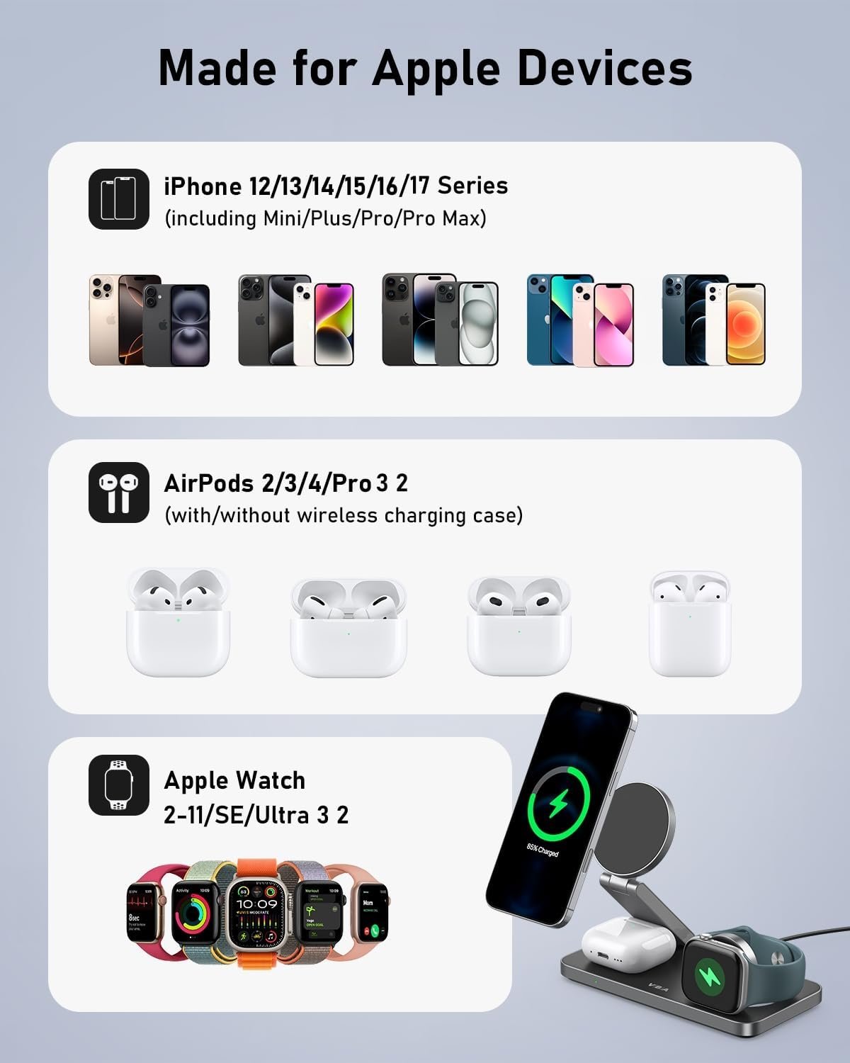 VBA 3 in 1 Wireless Charging Station for Apple MagSafe Charger,Foldable Fast Charging Magnetic Wireless Charger Stand,Travel Charger for iPhone 17 Air 16 15 14 13 12,Apple Watch,AirPods (Black) - Image 8