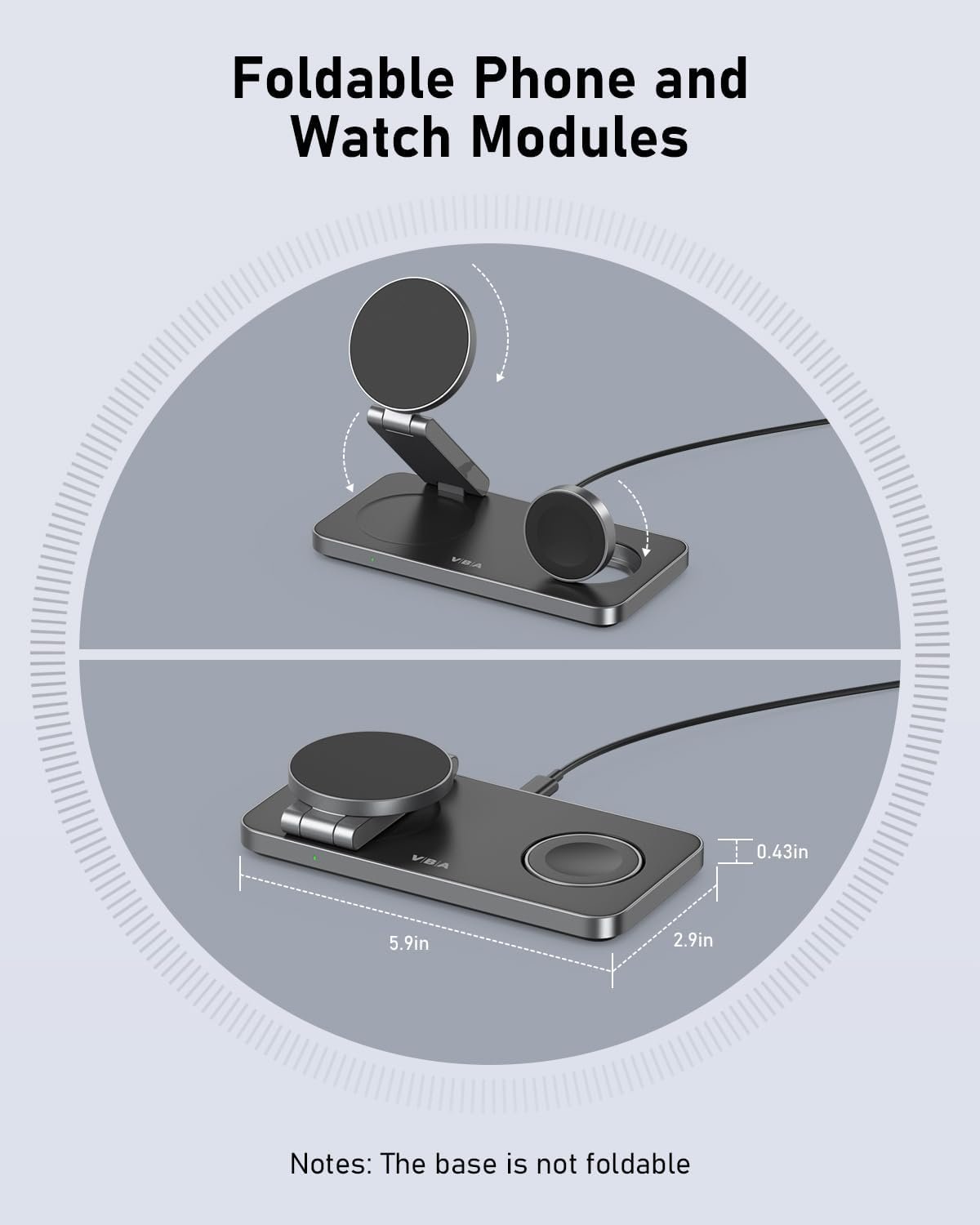 VBA 3 in 1 Wireless Charging Station for Apple MagSafe Charger,Foldable Fast Charging Magnetic Wireless Charger Stand,Travel Charger for iPhone 17 Air 16 15 14 13 12,Apple Watch,AirPods (Black) - Image 5