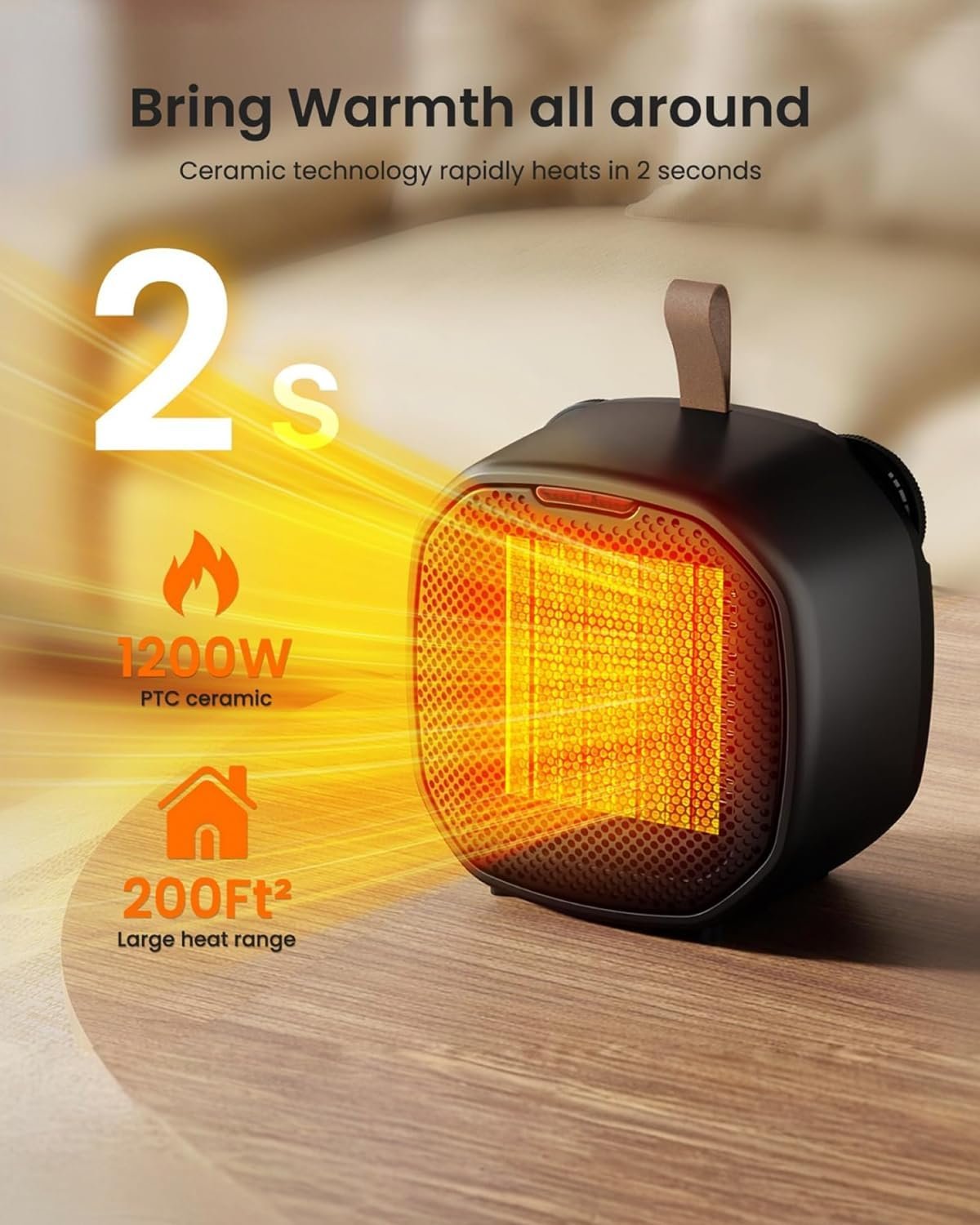 Portable Ceramic Space Heater w/Thermostat, 1500W Indoor Electric Space Heater Fan with Overheat and Tip-Over Protection, Heat Up 200 Square Feet for Office Room Dorm Use, Black - Image 4