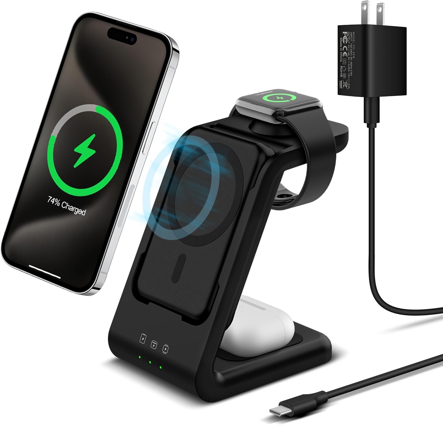 3 in 1 Wireless Charging Station: 5000mAh Removable Power Bank Charger Stand for Phone/Watch/Air Pods - Portable Magnetic Battery Pack for Air 17 16 15 14 13 12 Series