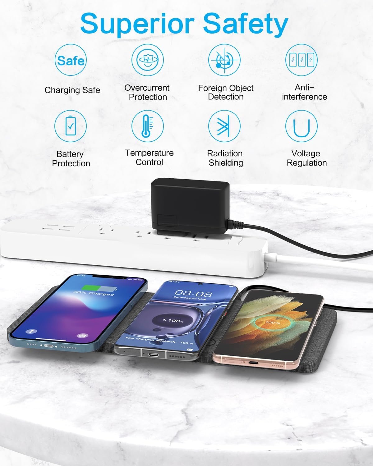 ZealSound Triple Wireless Charger,Charging Pad,Ultra Slim Fast 3x10W Charger Station for Multiple 3 Devices New Airpods Samsung Earbuds Mat Dock W/AC Adapter for All Wireless Charging Phones - Image 2