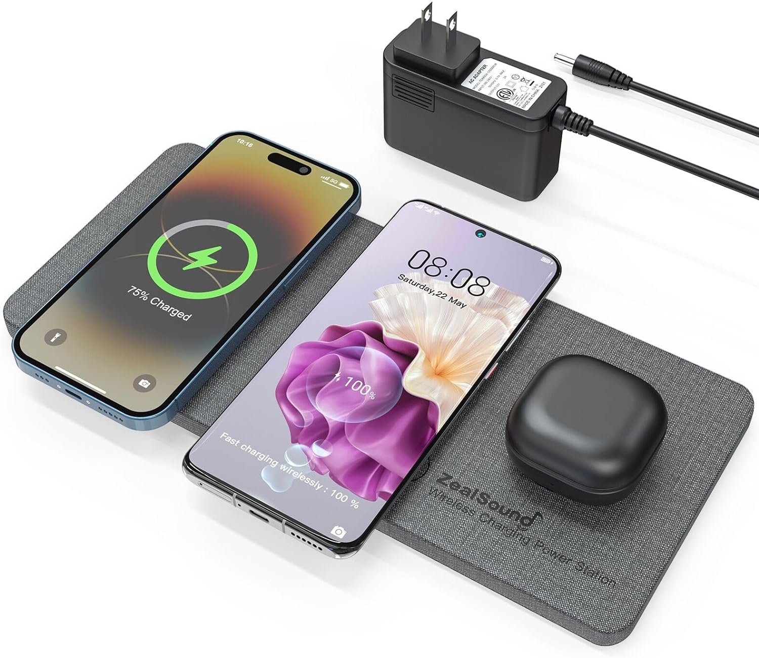 ZealSound Triple Wireless Charger,Charging Pad,Ultra Slim Fast 3x10W Charger Station for Multiple 3 Devices New Airpods Samsung Earbuds Mat Dock W/AC Adapter for All Wireless Charging Phones