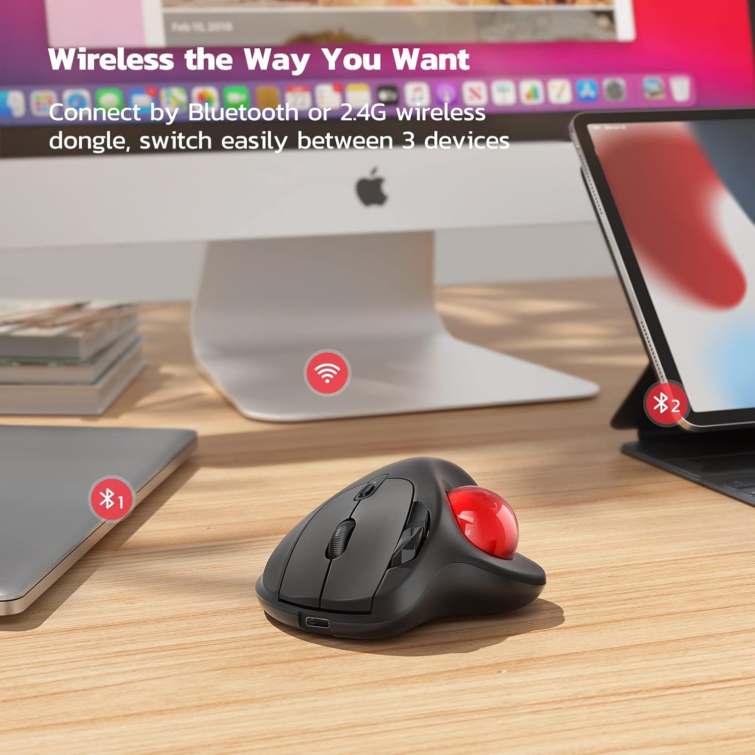 Nulea M501 Wireless Trackball Mouse, Rechargeable Ergonomic, Easy Thumb Control, Precise & Smooth Tracking, 3 Device Connection (Bluetooth or USB Receiver), Compatible for PC, Laptop, Mac, Windows. - Image 4