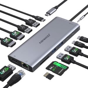 USB C Hub USB-C Docking Station Dual Monitor 14 in 1 Triple Display Multiport Adapter with 2 HDMI+DP+7 USB Type C/A Ports+Ethernet+Audio, USBC Dongle for Dell/HP/Lenovo ThinkPad/Surface(Grey)