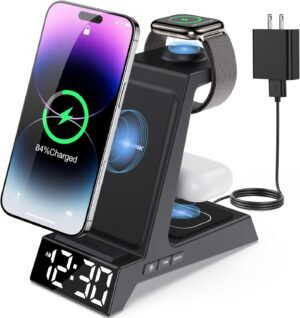 ANJANK 4 in 1 Wireless Charging Station Alarm Clock, Charging Dock for Apple Devices, Charger Stand for iPhone 17 Air 16 15 14 13 12 Series for Apple Watch 11 10 9 8 7 6 5 UItra/SE & AirPods, Dimmable