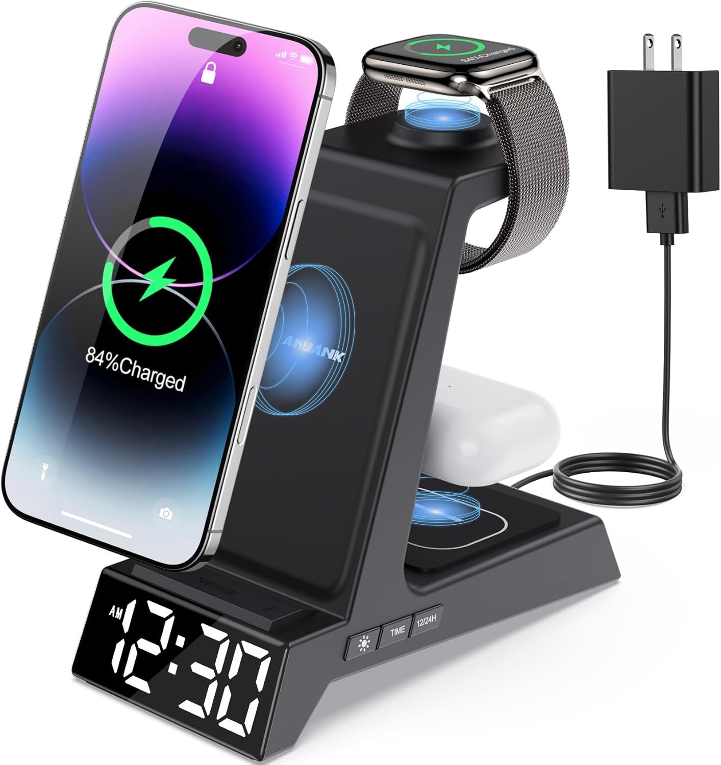 ANJANK 4 in 1 Wireless Charging Station Alarm Clock, Charging Dock for Apple Devices, Charger Stand for iPhone 17 Air 16 15 14 13 12 Series for Apple Watch 11 10 9 8 7 6 5 UItra/SE & AirPods, Dimmable