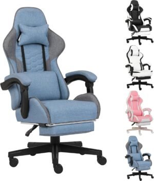 Gaming Chair, Computer Office Chair with Footrest, Linkage Armrests and Lumbar Support, High Back Ergonomic Gamer Chairs for Adults, Blue Fabric