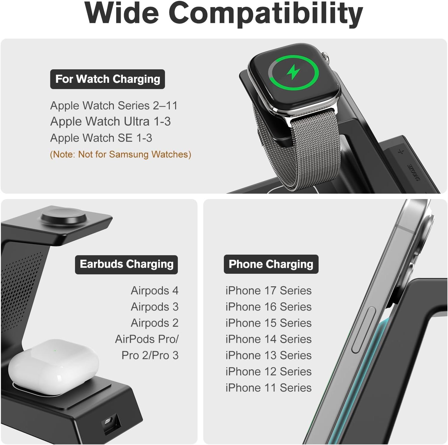 ANJANK 4 in 1 Wireless Charging Station Alarm Clock, Charging Dock for Apple Devices, Charger Stand for iPhone 17 Air 16 15 14 13 12 Series for Apple Watch 11 10 9 8 7 6 5 UItra/SE & AirPods, Dimmable - Image 4