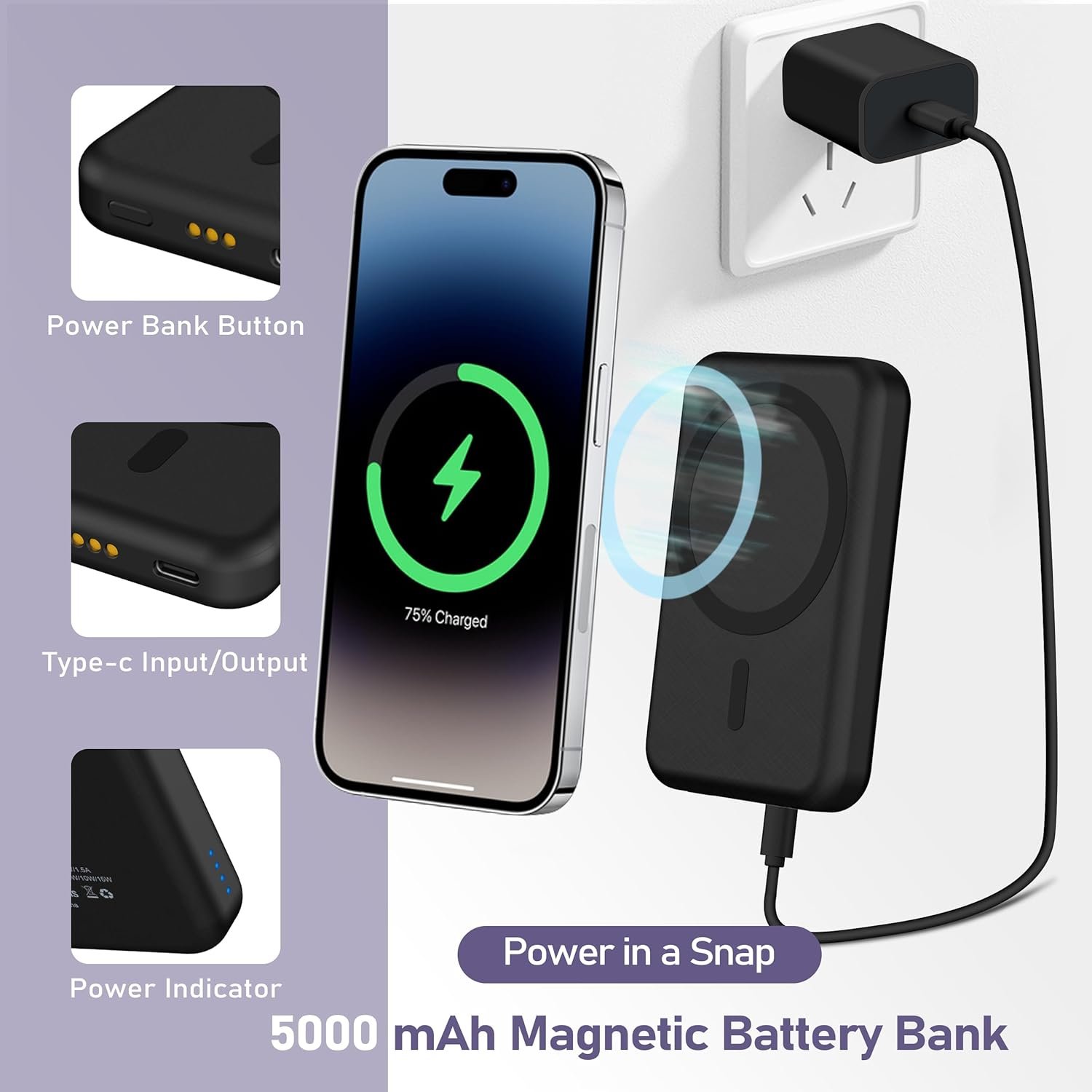 3 in 1 Wireless Charging Station: 5000mAh Removable Power Bank Charger Stand for Phone/Watch/Air Pods - Portable Magnetic Battery Pack for Air 17 16 15 14 13 12 Series - Image 4