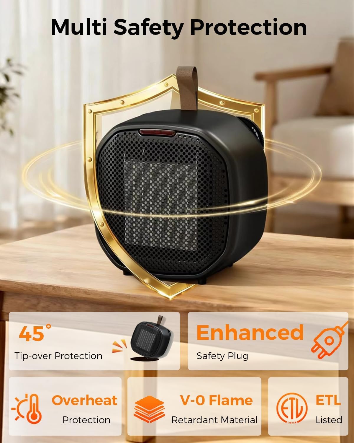 Portable Ceramic Space Heater w/Thermostat, 1500W Indoor Electric Space Heater Fan with Overheat and Tip-Over Protection, Heat Up 200 Square Feet for Office Room Dorm Use, Black - Image 6