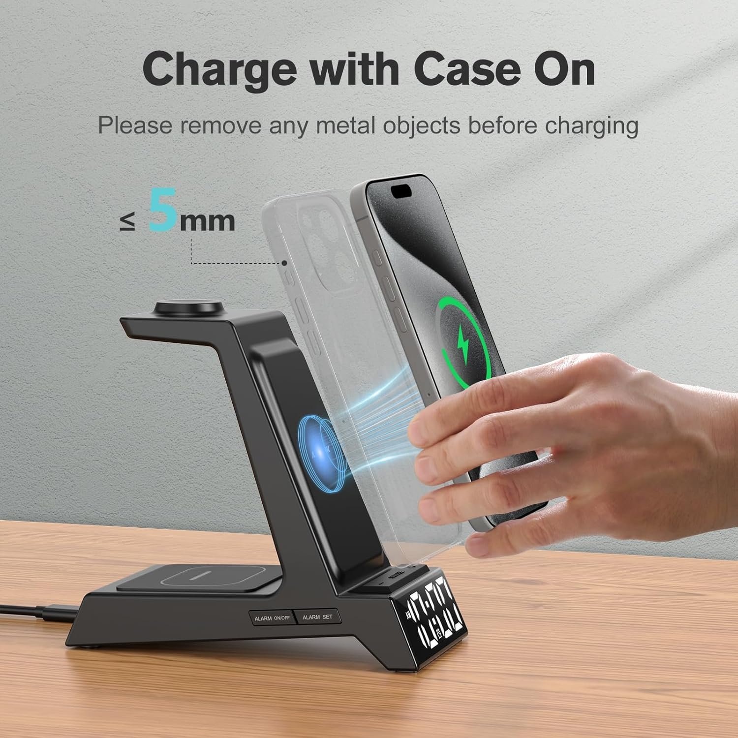 ANJANK 4 in 1 Wireless Charging Station Alarm Clock, Charging Dock for Apple Devices, Charger Stand for iPhone 17 Air 16 15 14 13 12 Series for Apple Watch 11 10 9 8 7 6 5 UItra/SE & AirPods, Dimmable - Image 5