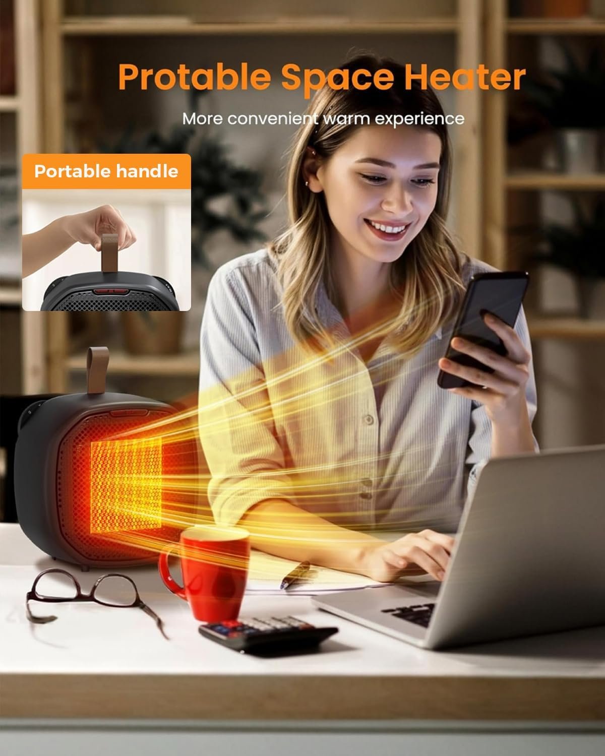 Portable Ceramic Space Heater w/Thermostat, 1500W Indoor Electric Space Heater Fan with Overheat and Tip-Over Protection, Heat Up 200 Square Feet for Office Room Dorm Use, Black - Image 8