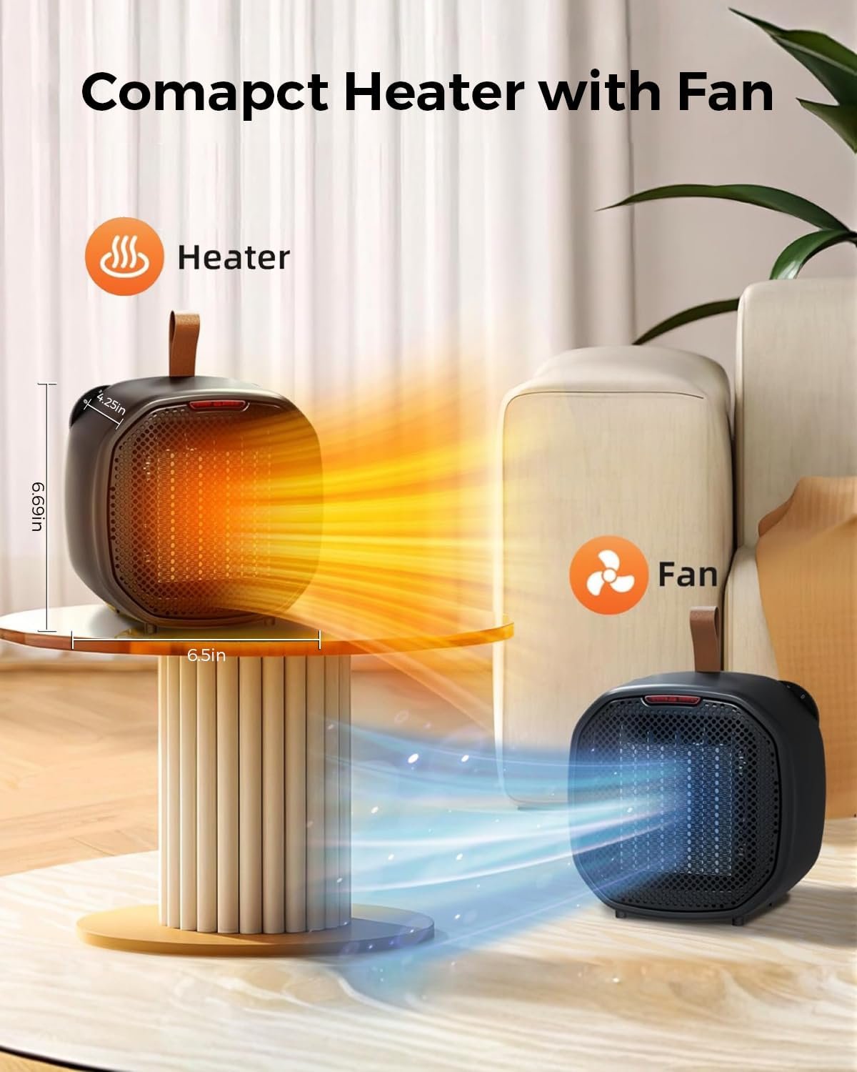 Portable Ceramic Space Heater w/Thermostat, 1500W Indoor Electric Space Heater Fan with Overheat and Tip-Over Protection, Heat Up 200 Square Feet for Office Room Dorm Use, Black - Image 5