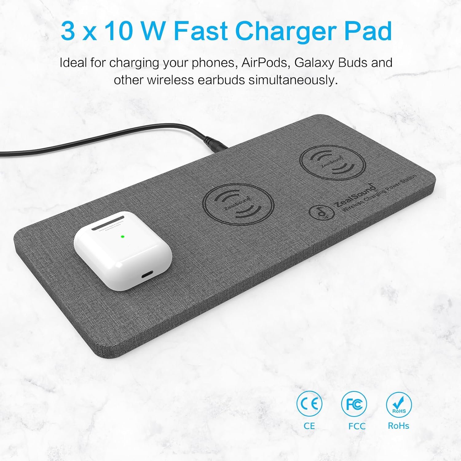 ZealSound Triple Wireless Charger,Charging Pad,Ultra Slim Fast 3x10W Charger Station for Multiple 3 Devices New Airpods Samsung Earbuds Mat Dock W/AC Adapter for All Wireless Charging Phones - Image 3