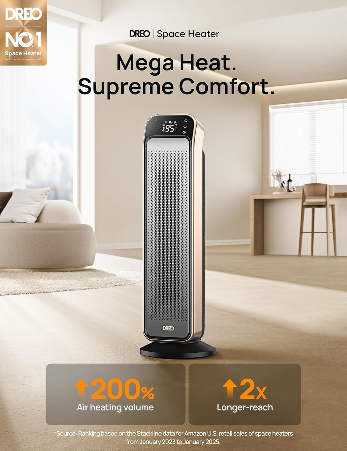 Dreo Space Heater Indoor, 25" 11.5ft/s Fast Portable Room Heater with Remote and Thermostat, 3 Modes, Overheating & Tip-Over Protection, Electric Heaters for Indoor Use Large Room, Bedroom, Gold - Image 2