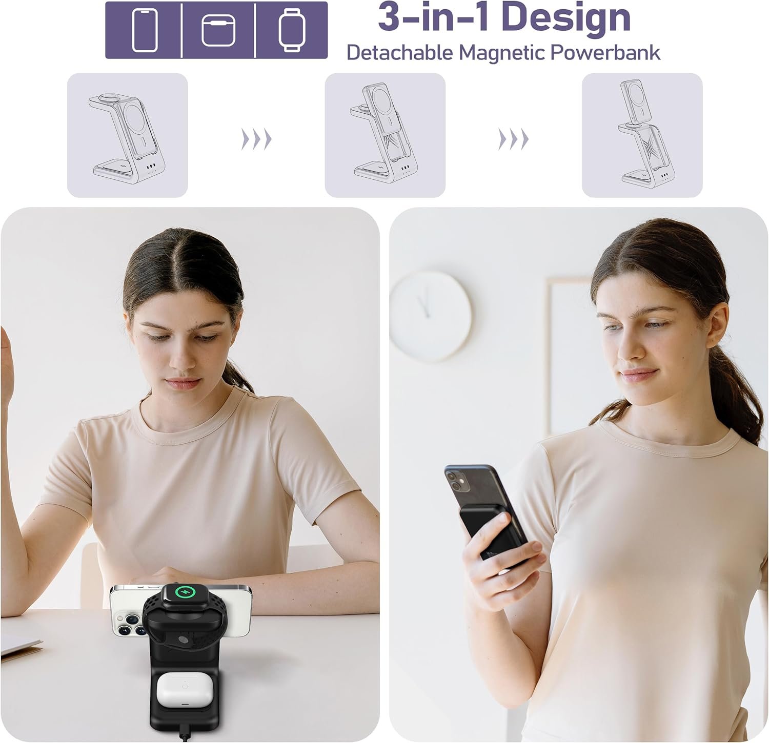 3 in 1 Wireless Charging Station: 5000mAh Removable Power Bank Charger Stand for Phone/Watch/Air Pods - Portable Magnetic Battery Pack for Air 17 16 15 14 13 12 Series - Image 3