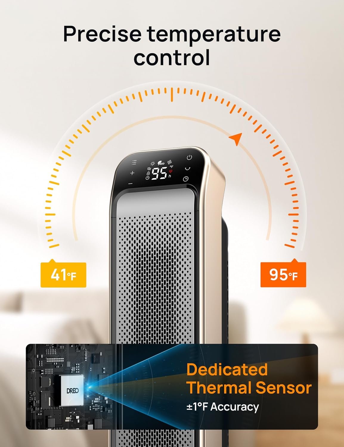 Dreo Space Heater Indoor, 25" 11.5ft/s Fast Portable Room Heater with Remote and Thermostat, 3 Modes, Overheating & Tip-Over Protection, Electric Heaters for Indoor Use Large Room, Bedroom, Gold - Image 7