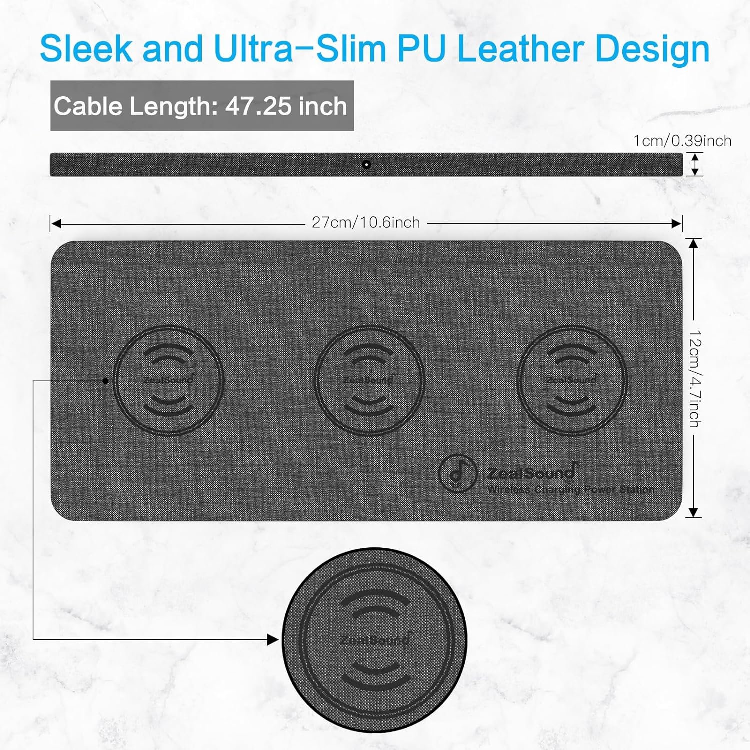 ZealSound Triple Wireless Charger,Charging Pad,Ultra Slim Fast 3x10W Charger Station for Multiple 3 Devices New Airpods Samsung Earbuds Mat Dock W/AC Adapter for All Wireless Charging Phones - Image 4