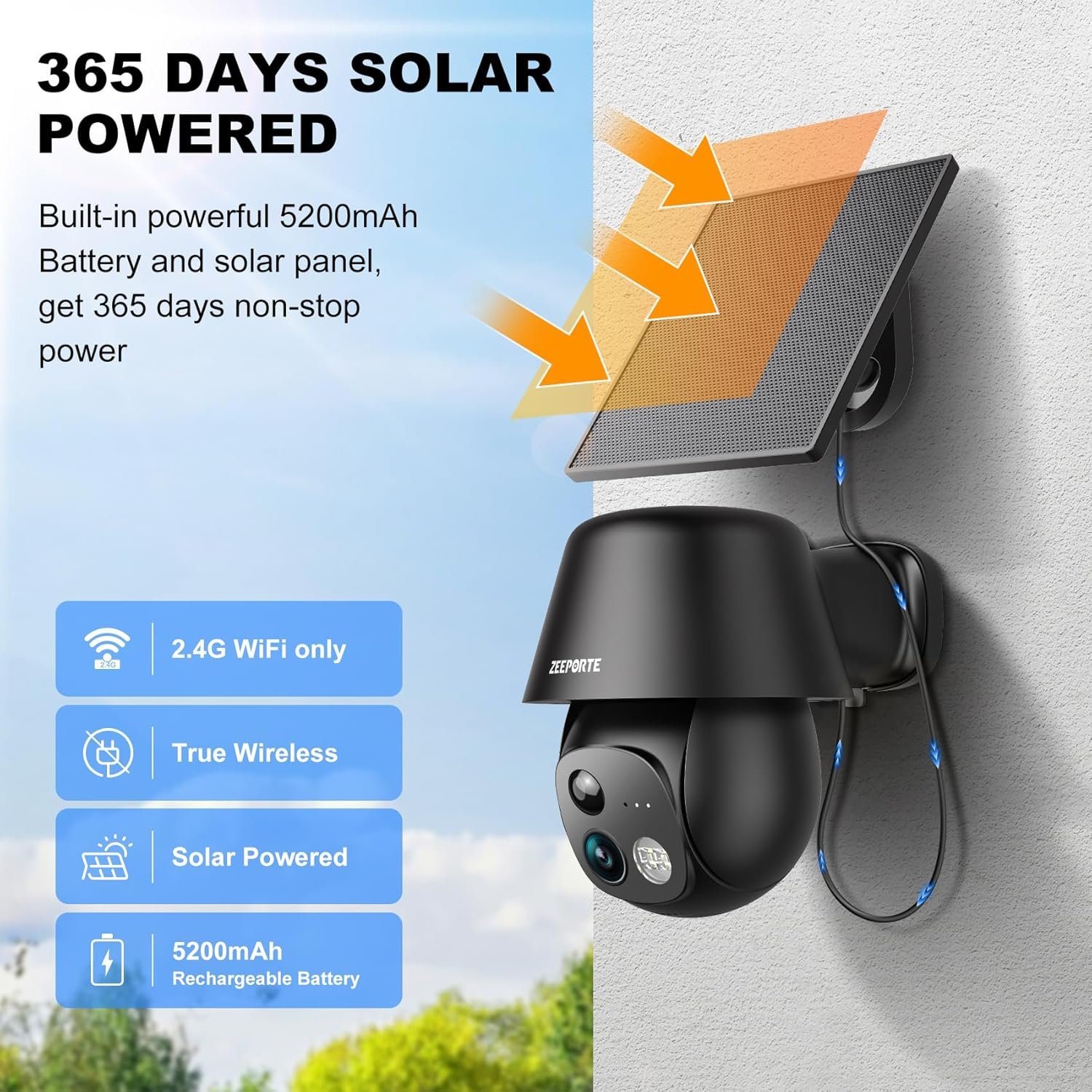 Solar Security Cameras Wireless Outdoor, 2K Pan/Tilt 360° View Solar/Battery Powered WiFi Cameras for Home Security with AI Motion Detection, Spotlight, 2-Way Audio, Siren, IP65, SD/Cloud Storage - Image 2